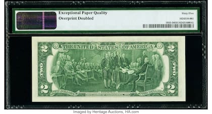 En estos ejemplares, el reverso presenta la imagen de la Declaración de Independencia de John Trumbull