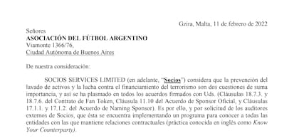 En febrero de 2022, Socios.com le mandó una nota a la AFA a pedido de sus auditores externos.