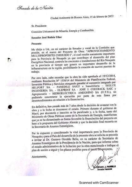 En febrero, Parrilli había apuntado al área de Beliz por el retraso de la represa Chihuido.