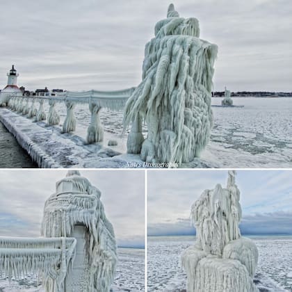 En invierno de 2022, una tormenta invernal provocó que un faro se cubriera de hielo en Michigan