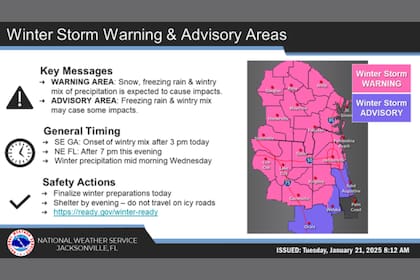 En Jacksonville, la lluvia helada será la principal amenaza, con sensación térmica de -6°C y vientos de hasta 24 km/h