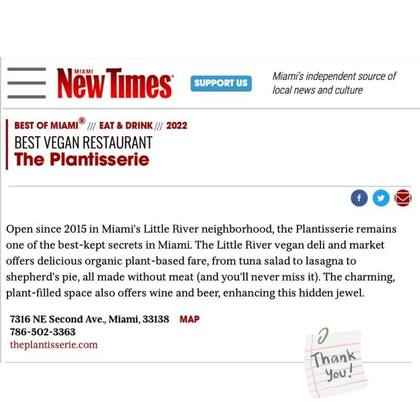 En junio, el diario New Times eligió a The Plantisserie como el mejor restaurante vegano en Miami (Crédito: Instagram/@theplantisserie)