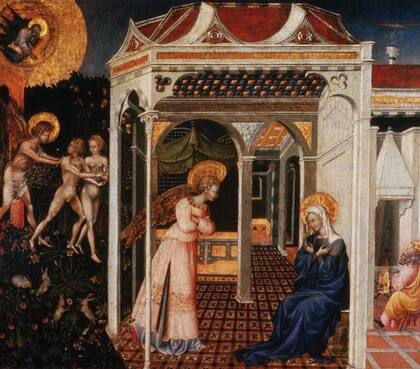 En "La Anunciación y la Expulsión del Paraíso" (c. 1435), el artista Giovanni di Paolo muestra a las dos mujeres simbólicas del cristianismo: La Virgen María, recibiendo la noticia de que va a ser madre y Eva, siendo expulsada del Jardín del Edén