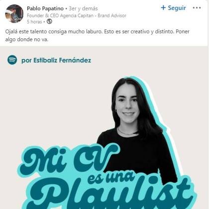 En la Argentina también fue muy bien recibida la idea del CV hecho con una playlist de la joven española Estíbaliz Fernández Sánchez