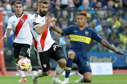 En la Bombonera, en el partido de la Superliga ante River en el que fue titular, en septiembre pasado. Esa tarde Boca perdió 2 a 0.