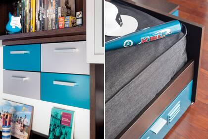 En la cama, colcha de jean con aplique y almohadón.