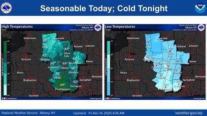 En la Capital Region y Adirondacks, el NWS de Albany señala que la circulación del noroeste generará nevadas en zonas elevadas, especialmente en áreas que superan los 2000 pies (610 metros) de altitud