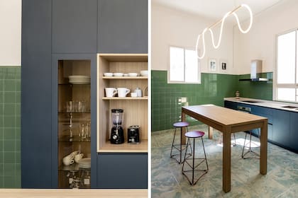 En la cocina-comedor se potenció el verde de los azulejos originales agregando azul en los muebles (De Otro Tiempo) y rojo en las banquetas (Cúmulo). Lámpara (Boutique de Luz).