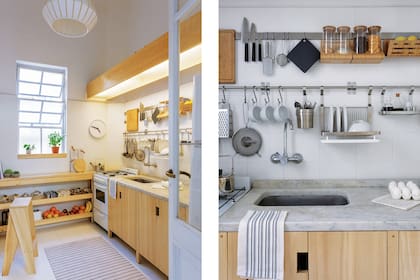 En la cocina, en lugar de alacena, un gran mueble que flota de pared a pared y es estante y luminaria.