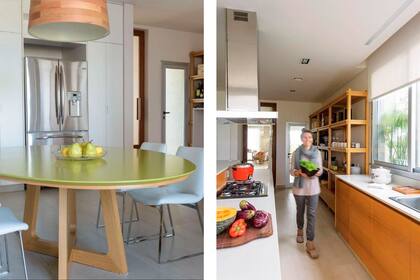 La mesada y los muebles exhiben una superficie continua que destaca la materialidad de la madera y los tonos claros. El toque de color lo da el verde pistacho de la mesa con tapa laqueada (de Atelier MOP).