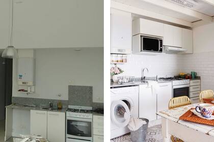 En la cocina se aprovechó el espacio del mueble para colocar un lavarropas. El piso se renovó con cerámica símil calcáreo (San Lorenzo).