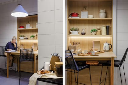 En la cocina se aprovechó un nicho para generar un espacio de guardado y desayunador con barra y banquetas.