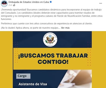 En la cuenta de Facebook de la Embajada de EE.UU. en Cuba dieron a conocer la vacante para asistente de visa