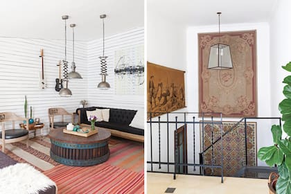 En la escalera que desemboca en el playroom, alfombras y tapices antiguos colgados como cuadros. Al llegar, el piso está cubierto de distintas mantas traída de viajes.