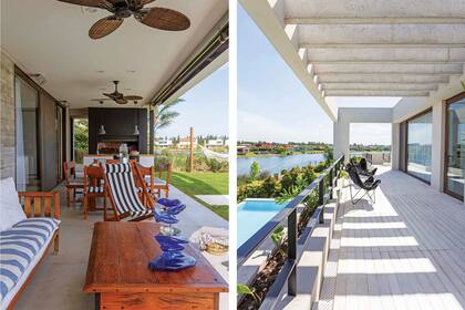 En la galería –al mismo nivel y con el mismo piso que el living-comedor– armaron dos espacios, uno con sillones y una mesa baja, y el otro pensado para una comida. Mesa y juego de living (Pasto Home Shop) con almohadones navy (Casanoir Deco).