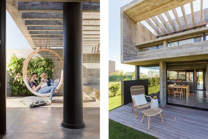 En la planta alta, la terraza del contrafrente se equipó con una hamaca de mimbre (Negro). En la planta baja, la galería tiene una reposera con apoyapiés (Negro).