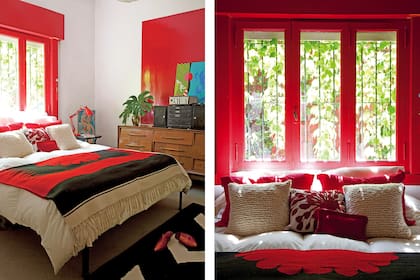 En su cuarto, Laura pintó un gran cuadrado rojo, igual que la ventana y el taparrollo. Almohadones tejidos a mano y alfombra con diseño geométrico (todo de Elementos Argentinos).