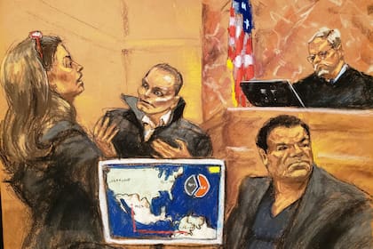 En la ilustración del juicio se puede observar como Ramírez Abadía testifica en contra del Chapo Guzmán