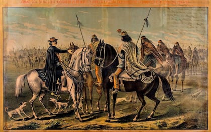 En la imagen, el padre Bibolini -"el pacificador de Las Pampas"- recibe a Calfucurá, a quien convence de no seguir invadiendo