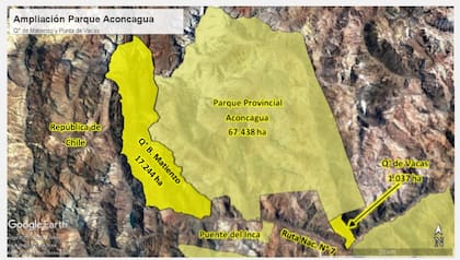 En la imagen se puede observar la ampliación del reconocido Parque Aconcagua, hacia el oeste, en el límite con Chile.
