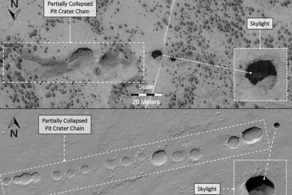 En la imagen superior, una vista aérea de los túneles de lava en Nuevo México, comparado con formaciones similares registradas en Marte