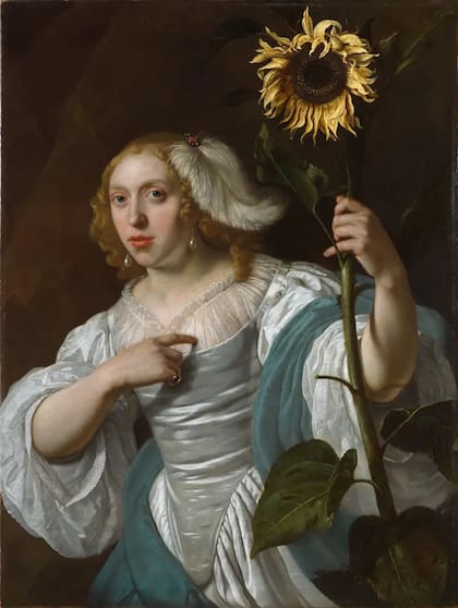 En La joven sosteniendo un girasol de Maria van Oosterwyck, la flor casi con certeza significa el matrimonio de la mujer