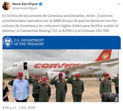 En la lista de las aeronaves sancionadas por Estados Unidos, estaban tres aviones presidenciales que pintaron con los colores de Conviasa
