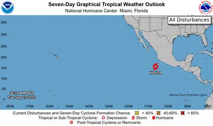 En la mañana de este martes 23 de septiembre, el centro de Narda se ubicó en las coordenadas 15.7°N y 106.1°O, con vientos máximos sostenidos de 60 mph (97 km/h)