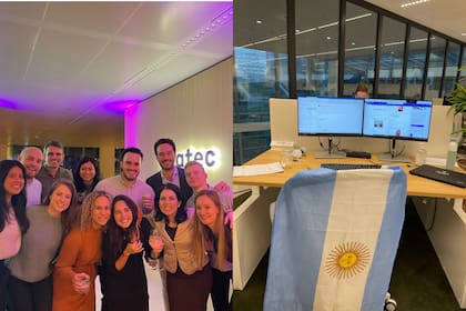En la oficina donde trabaja, lleva con orgullo la bandera de la Argentina