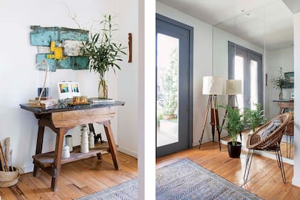 Silla (Harturo) con almohadón teñido (Rosario Solano), lámpara de anticuario y kilim (Facundo Lhez Kilims Wools).