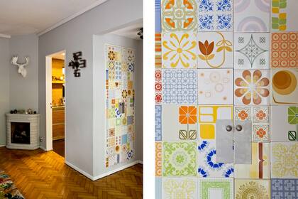 Entre el living y la cocina, espacio de guardado que simula ser un mural lleno de color.