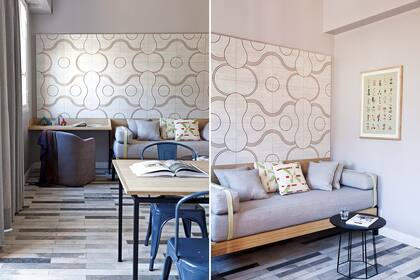 Sofá-cama, escritorio y sillón tapizado en pana, todas creaciones de Petrucci. Revestimiento modular ‘Golfo’, creado por Ensamble, proyecto conjunto de Petrucci-Miranda. Son paneles de 45x45cm con terminación de melamina en bajorrelieve (Tooco).