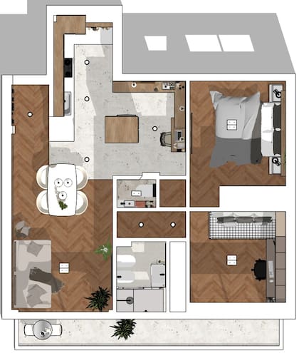 En la parte superior del plano, la columna que quedó libre tras tirar una pared ahora aloja la heladera, a un paso de la barra para desayunar o trabajar.
