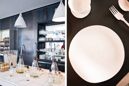 En la perfumería, las fragancias se venden sueltas. Derecha: vajilla de papel de diseño japonés