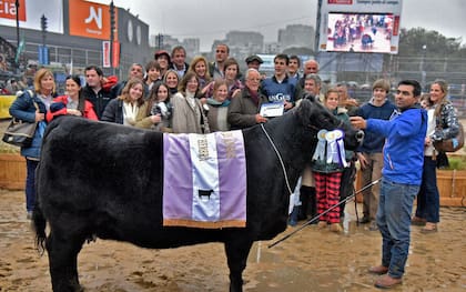 En la pista central de Palermo, la familia Guerrero recibe un premio por una vaquillona Angus
