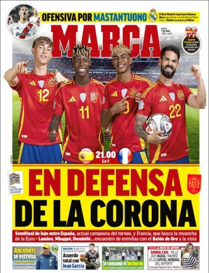 En la portada del diario español Marca hablan de una "ofensiva por Mastantuono"