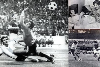 En la primera imagen, Perfumo marca el gol en contra frente a Italia; en las otras imágenes, el defensor en la concentración, junto con Yazalde, y una imagen de Quique Wolf, el hombre que confesó el soborno