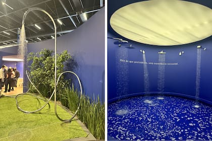 En la propuesta de Docol, el agua se convierte en instalación: esculturas fluidas y duchas inmersivas que transforman la tecnología en una experiencia sensorial.
