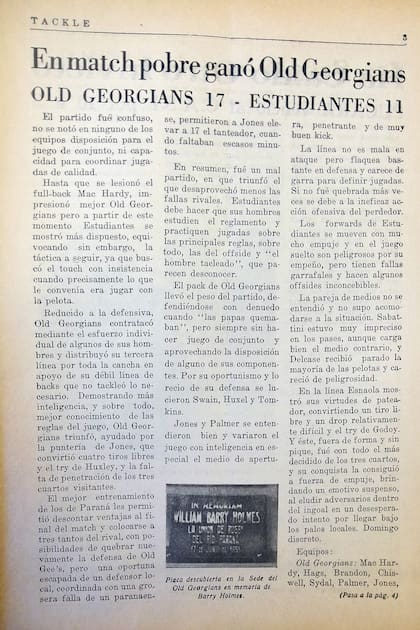 En la revista Tackle, una crónica de "Chang-cho", que no era otro que Ernesto Guevara, rugbier y periodista.