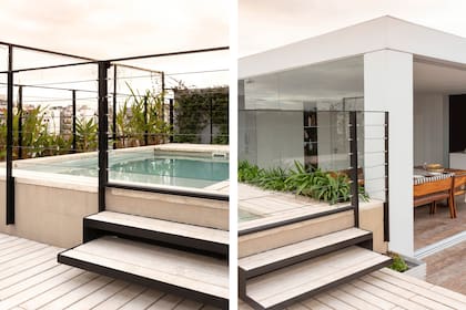 En la terraza de un departamento del edificio Pont Bleu, del Estudio Abramzon, la pileta blanca aporta luminosidad incluso al ambiente contiguo