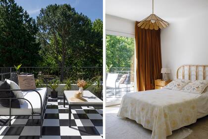 En la terraza, sillones y mesa (Lolo and Co). Almohadones (Syria Home). Macetas grandes (Rakau) y chicas (Lapin Deco). Piso damero (Blaisten). Florero (Philippa Deco Boutique).