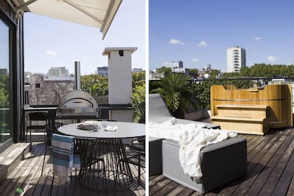 En la terraza, una estructura de hierro y mármol para dar soporte al horno, juego de comedor exterior y jacuzzi.