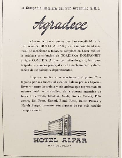 En las páginas del diario LA NACION, la Compañía Hotelera del Sur Argentino S.R.L agradece a todas las compañías que aportaron financiamiento para el desarrollo de la obra