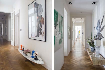 En las paredes del corredor conviven obras de Cynthia Cohen y Manuel Esnoz, entre otras.