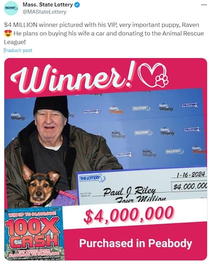 En las redes sociales de la lotería de Massachusetts celebraron al ganador de US$4 millones