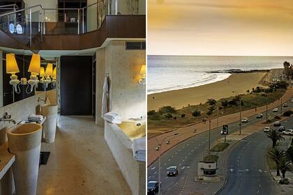 En las suites Imperiales, grandes bachas de mármol macizo en forma de cono invertido frente al hidromasaje XL