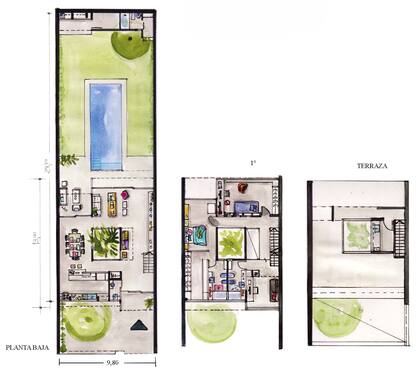 En las tres plantas se evidencia la centralidad del patio. En la terraza se ubicó el lavadero.