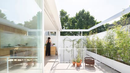 En los canteros de la terraza crece el bambú, una especie de fácil mantenimiento que bloquea bien la vista de los techos vecinos. Cocina y terraza comparten el piso de Travertino de San Juan (Central del Mármol).
