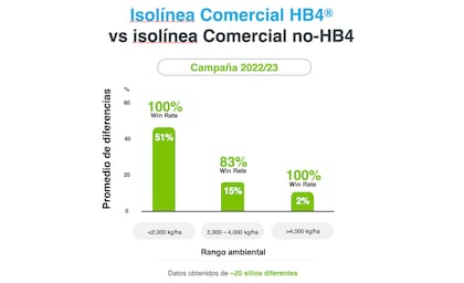 En los ensayos de HB4 vs no-HB4, el promedio total de diferencias de rendimiento en la suma de todos los ambientes fue de 22% a favor de la tecnología desarrollada 