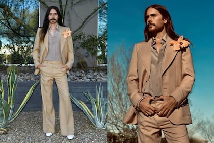 En los premios Globos de Oro, Jared Leto se vistió con un elegante traje Gucci inspirado en los 1970 que acompañó con una enorme orquídea en la solapa